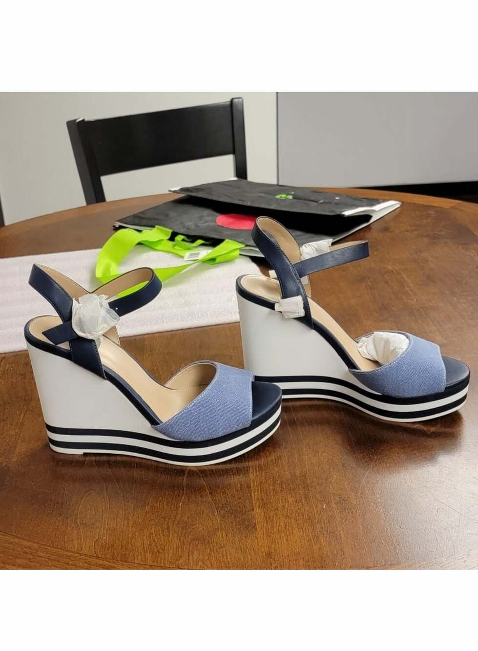 Aldo Broa Navy Blue Denim And White Stripe Platform Wedge Sandal - Picture 4 of 16